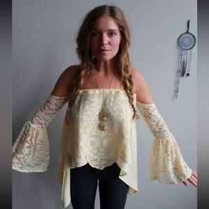 Boho Vintage Upcycled Cream Lace Off-Shoulder Top